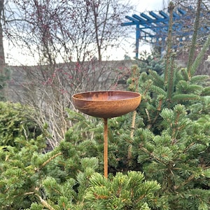 8” Rain Catcher Bird Bath, Outdoor Garden Decor, Rusty Flower Garden Stakes, Metal Yard Art, Rustic Garden Accent, Bird Feeder Bowl