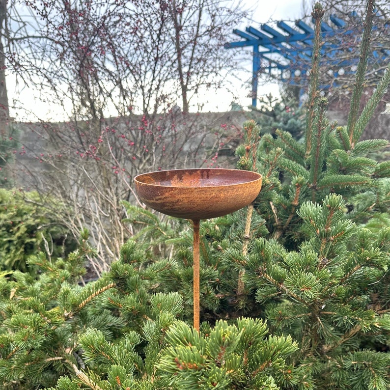 8” Rain Catcher Bird Bath, Outdoor Garden Decor, Rusty Flower Garden Stakes, Metal Yard Art, Rustic Garden Accent, Bird Feeder Bowl