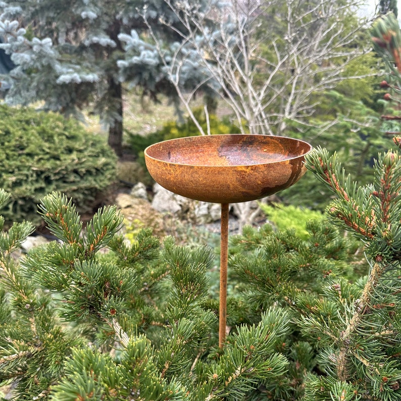 8” Rain Catcher Bird Bath, Outdoor Garden Decor, Rusty Flower Garden Stakes, Metal Yard Art, Rustic Garden Accent, Bird Feeder Bowl
