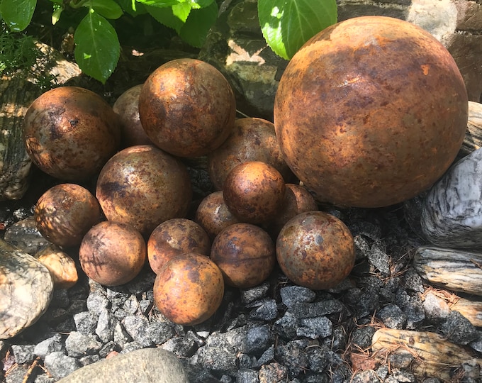 Featured listing image: Garden decor, Garden art, Rusty metal ball, Rusty decor, Big Rusty metal balls set, Metal sphere, Outdoor decor, Rustic decor, Home decor