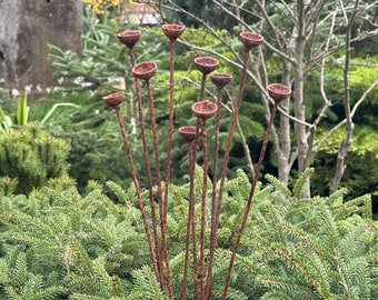 Rusty tiny flower buds set of 10, Garden stakes garden decor, Metal garden decor, Outdoor metal decor, Rusty metal rain catchers
