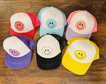 Smiley Face Chenille Patch Trucker Hats - Accessories