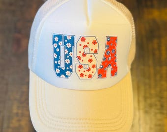 USA Floral  DTF Red, Cream and Blue  Trucker Hat - Accessories