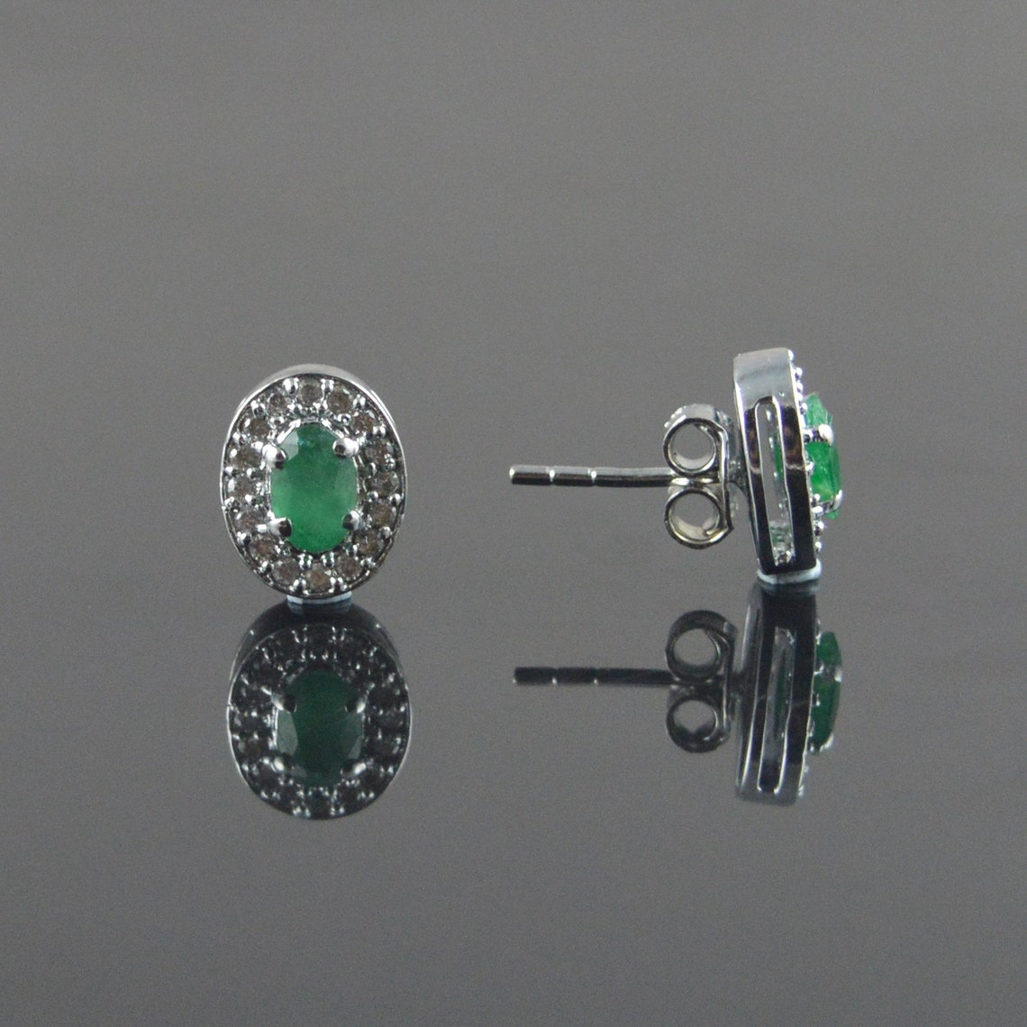 Solid 925 Sterling Silver Emerald Studs Elegant Design Etsy