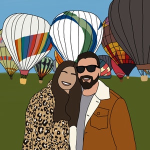 May include: A couple poses in front of a field of colorful hot air balloons. The woman is wearing a leopard print jacket and the man is wearing a brown jacket.