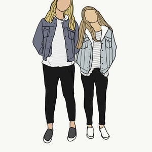 May include: Two people wearing denim jackets and black pants. One person is wearing a white shirt with a striped pattern and the other is wearing a white shirt with a solid pattern. Both people are wearing sneakers.