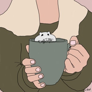 May include: A person holding a green mug with a white hamster inside. The hamster is looking at the camera.