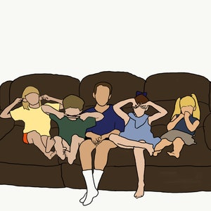 May include: A group of five people, including a man and four children, are sitting on a brown couch. The children are all covering their eyes with their hands. The man is wearing a blue shirt and the children are wearing various colors.