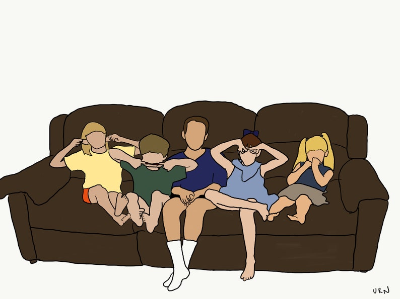 May include: A group of five people, including a man and four children, are sitting on a brown couch. The children are all covering their eyes with their hands. The man is wearing a blue shirt and the children are wearing various colors.