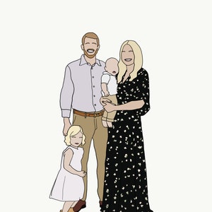 May include: A family portrait illustration of a couple with two children. The parents are smiling and the children are looking at the camera. The father is wearing a light blue shirt and khaki pants. The mother is wearing a black dress with white floral print. The older child is wearing a white dress and brown shoes. The younger child is wearing a white shirt and khaki pants.