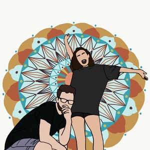 May include: A digital illustration of a couple posing in front of a colorful mandala. The woman is wearing a black t-shirt and shorts, and has her arm raised in the air. The man is wearing a black t-shirt and shorts, and is squatting down with his hand on his chin.