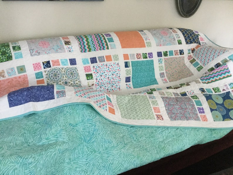 Handmade Patchwork Quilt. Queen Size , Cheerful, Multi Colors Front