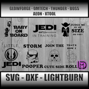 May include: A set of 10 black and white Star Wars themed SVG cut files. The designs include "Baby on Board", "Jedi in Training", "Judge Me By My Size", "Little Jedi", "Stormtrooper", "Join the Dark Side", "That's How I Roll", and "Pooper Cute".