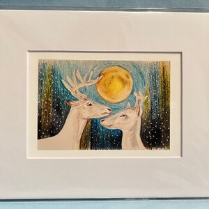 White Deer and Full Moon Fine Art Print - 5x7&quot; print matted to 8x10&quot;