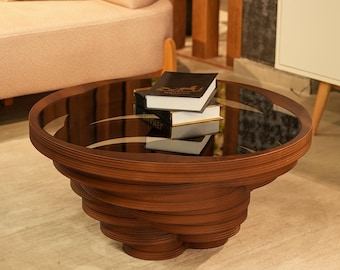 Natural Walnut Coffee Table: Mid-Century Modern Tempered Glass Top