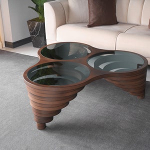 Natural Walnut Coffee Table: Smoked Glass Top, Modern Living Room