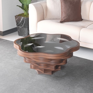 Natural Walnut Coffee Table with Smoked Glass Top - Daisy Model