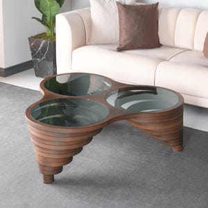 Natural Walnut Coffee Table: Smoked Glass Top, Modern Living Room