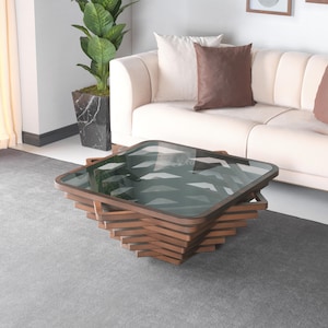 Natural Walnut Coffee Table for Living Room, Glass Top Coffee Table, Wooden Coffee Table, Rustic Coffee Table, Luxury, Sardinia Model Table