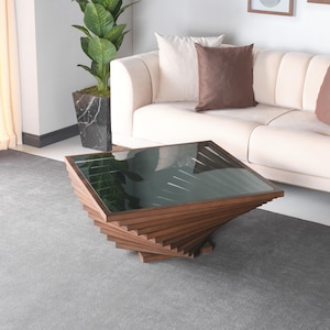 Natural Walnut Coffee Table for Living Room, Wood Large Coffee Table, Glass Top Coffee Table, Farmhouse Coffee Table, Freesia Model Table
