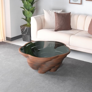 Natural Walnut Coffee Table: Smoked Glass Top, Modern Living Room