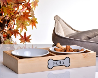 Personalized Dog Cat Bowl Stand with 2 Unbreakable Ceramic, 16.53*8.30*3.15 Inches Natural Wood Stand, Dog Bowl Stand, Food Water Pets Bowl