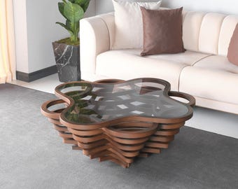 Natural Walnut Coffee Table: Smoked Glass Top, Modern Living Room
