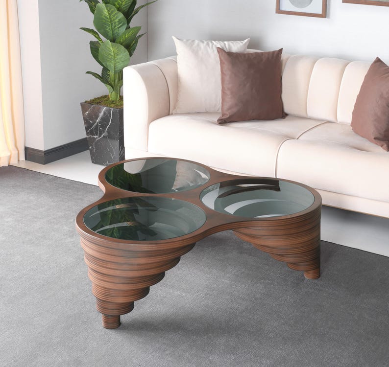 Natural Walnut Coffee Table for Living Room, Glass Top Coffee Table