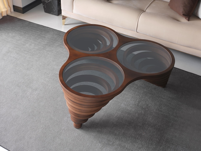 Natural Walnut Coffee Table for Living Room, Glass Top Coffee Table