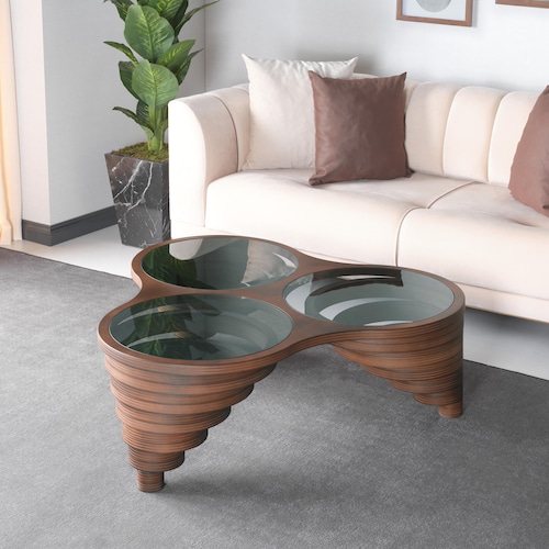 Natural Walnut Coffee Table: Smoked Glass Top, Modern Living Room