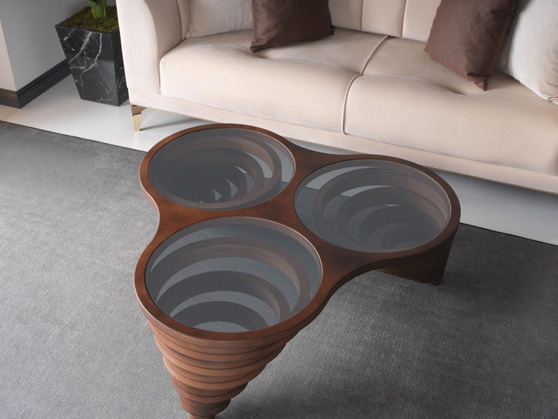Natural Walnut Coffee Table for Living Room, Glass Top Coffee Table