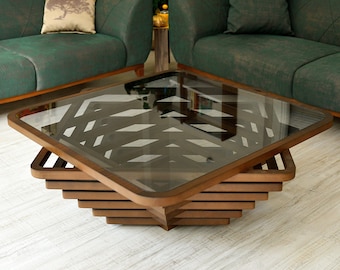Mesa de centro de madera, mesa de centro de diseño personalizado de nogal natural, hecha a mano, mesa de centro moderna, arte de madera, mesa de centro, mesa de centro rústica