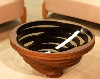 Table basse en noyer naturel : plateau moderne Mid-Century en verre trempé