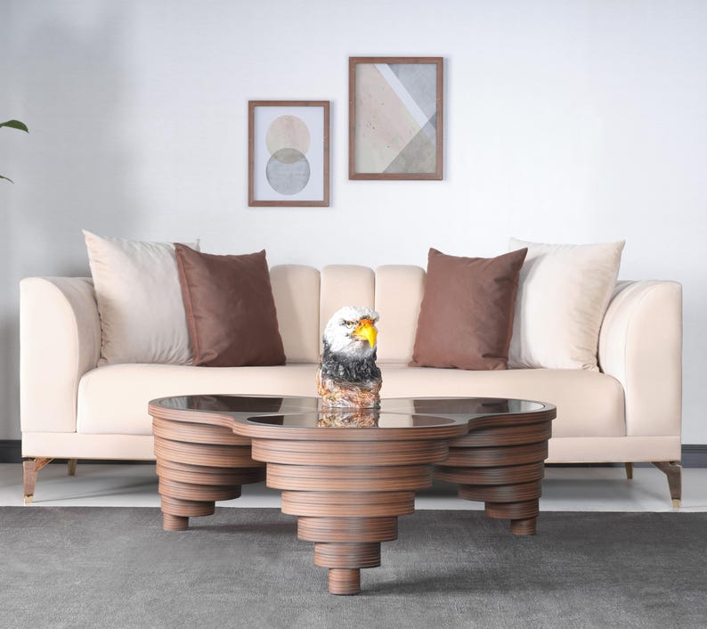 Natural Walnut Coffee Table for Living Room, Glass Top Coffee Table