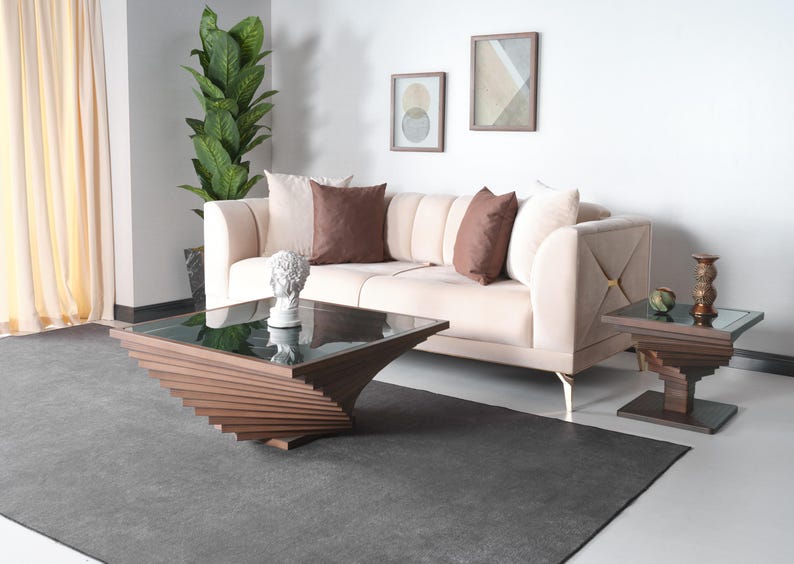 Natural Walnut Coffee Table for Living Room, Wood Large Coffee Table