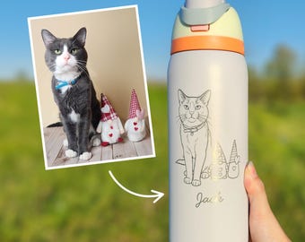 Aangepaste huisdier gegraveerde Owala-beker – gepersonaliseerde 32oz 24oz waterfles, huisdierfoto op zeer fijne tekeningen, aangepast cadeau voor familie, Vaderdag, vrienden,