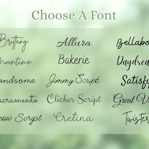 Może przedstawiać: Obraz z wyborem czcionek kursywnych. Tekst "Choose A Font" znajduje się u g&oacute;ry. Nazwy czcionek to m.in. Brittany, Allura, Bellaboo, Moontime, Bakerie, Daydream, Handsome, Jimmy Script, Satisfy, Sacramento, Clicker Script, Great Vibes, Meow Script, Cretina i Twister.