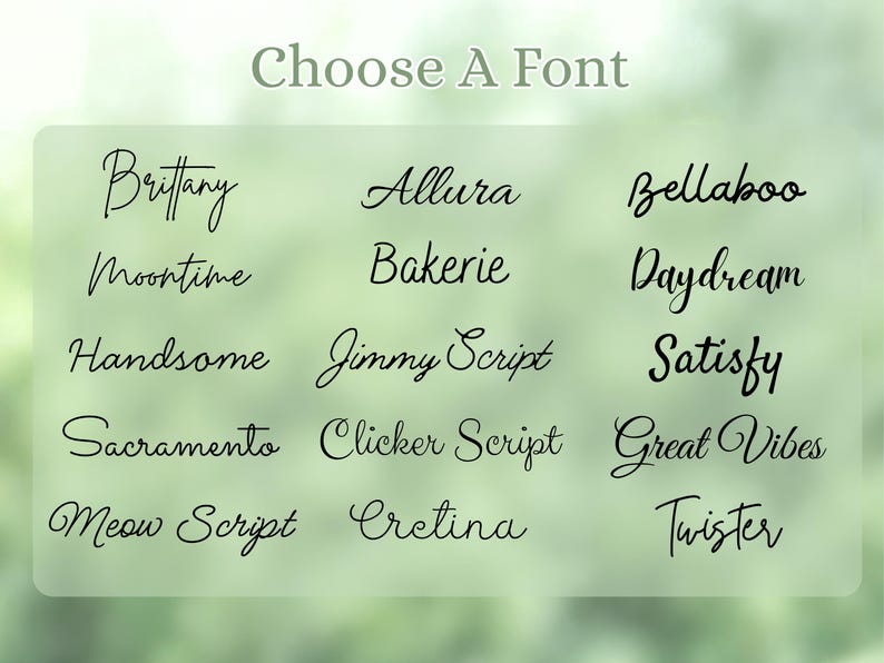 Może przedstawiać: Obraz z wyborem czcionek kursywnych. Tekst "Choose A Font" znajduje się u g&oacute;ry. Nazwy czcionek to m.in. Brittany, Allura, Bellaboo, Moontime, Bakerie, Daydream, Handsome, Jimmy Script, Satisfy, Sacramento, Clicker Script, Great Vibes, Meow Script, Cretina i Twister.