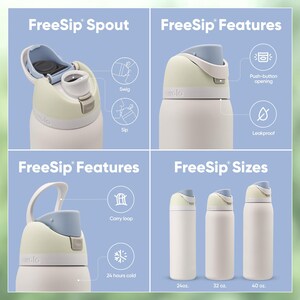 Może przedstawiać: Prezentacja produktu FreeSip, butelki na wodę. Obraz wyr&oacute;żnia wylewkę, funkcje takie jak otwieranie za pomocą przycisku i szczelność oraz rozmiary: 710 ml, 946 ml i 1183 ml. Butelka ma kremowo-niebieską kolorystykę.