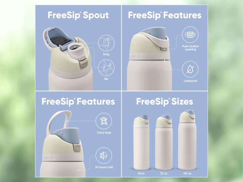 Może przedstawiać: Prezentacja produktu FreeSip, butelki na wodę. Obraz wyr&oacute;żnia wylewkę, funkcje takie jak otwieranie za pomocą przycisku i szczelność oraz rozmiary: 710 ml, 946 ml i 1183 ml. Butelka ma kremowo-niebieską kolorystykę.
