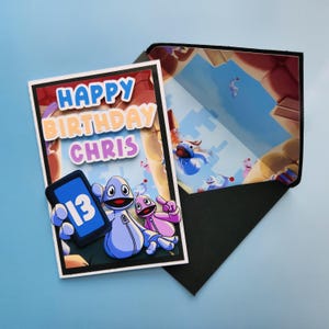 Tarjeta de cumpleaños personalizada de Yeeps: desplegable 3D, personalizada con nombre y edad, sobre a juego, tarjetero, videojuego, realidad virtual, carta hecha a mano.