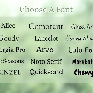 Może przedstawiać: Grafika prezentująca wyb&oacute;r czcionek. Tekst "Choose A Font" znajduje się na g&oacute;rze. Poniżej wyświetlane są r&oacute;żne nazwy czcionek, w tym "Alice", "Comorant", "Glass Ani", "Goudy", "Lancelot" i "Canva Student".