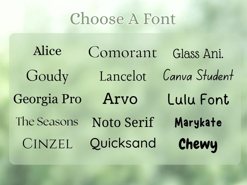 Może przedstawiać: Grafika prezentująca wyb&oacute;r czcionek. Tekst "Choose A Font" znajduje się na g&oacute;rze. Poniżej wyświetlane są r&oacute;żne nazwy czcionek, w tym "Alice", "Comorant", "Glass Ani", "Goudy", "Lancelot" i "Canva Student".