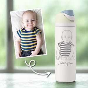 Peut inclure: Une gourde blanche avec une illustration de bébé et le texte "I love you". La bouteille a un couvercle bleu clair et vert. Une photo du bébé en chemise rayée est à côté de la bouteille.
