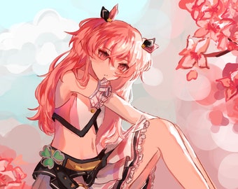 May include: An anime-style illustration of a character with long, pink hair and red eyes. The character is wearing a pink and black outfit with a clover emblem. The background features soft pink and white colors, with a hint of blue.