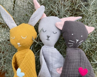 Heartfelt Comforters | muslin comforter | cat | rabbit | children’s gift | baby gift | baby shower | CE Certified