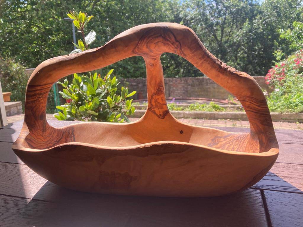 Ornate Solid Olive Wood Fruit Bowl, Handmade Basket. Etsy UK