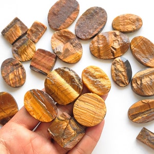 May include: A collection of oval and square shaped tiger's eye gemstones in various shades of brown and gold. The stones have a chatoyant effect, meaning they shimmer and change color depending on the angle of light.