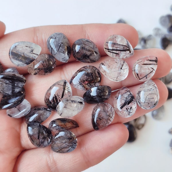 Black Rutile Gemstone  - Calibrated Pear 13x9-mm - Natural Black Rutile Cabochon lot - Wholesale Black Rutile Cabs Tourmalinated quartz