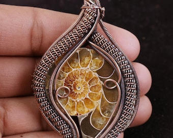 Top Quality Ammonite Fossil Wire Wrapped Pendant, Copper Gemstone Necklace, Women's Gift For Wife